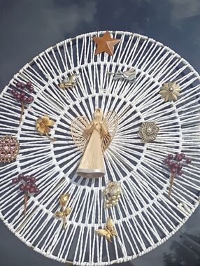 Handcrafted White Woven Wall Art with Gold and Burgundy Accents